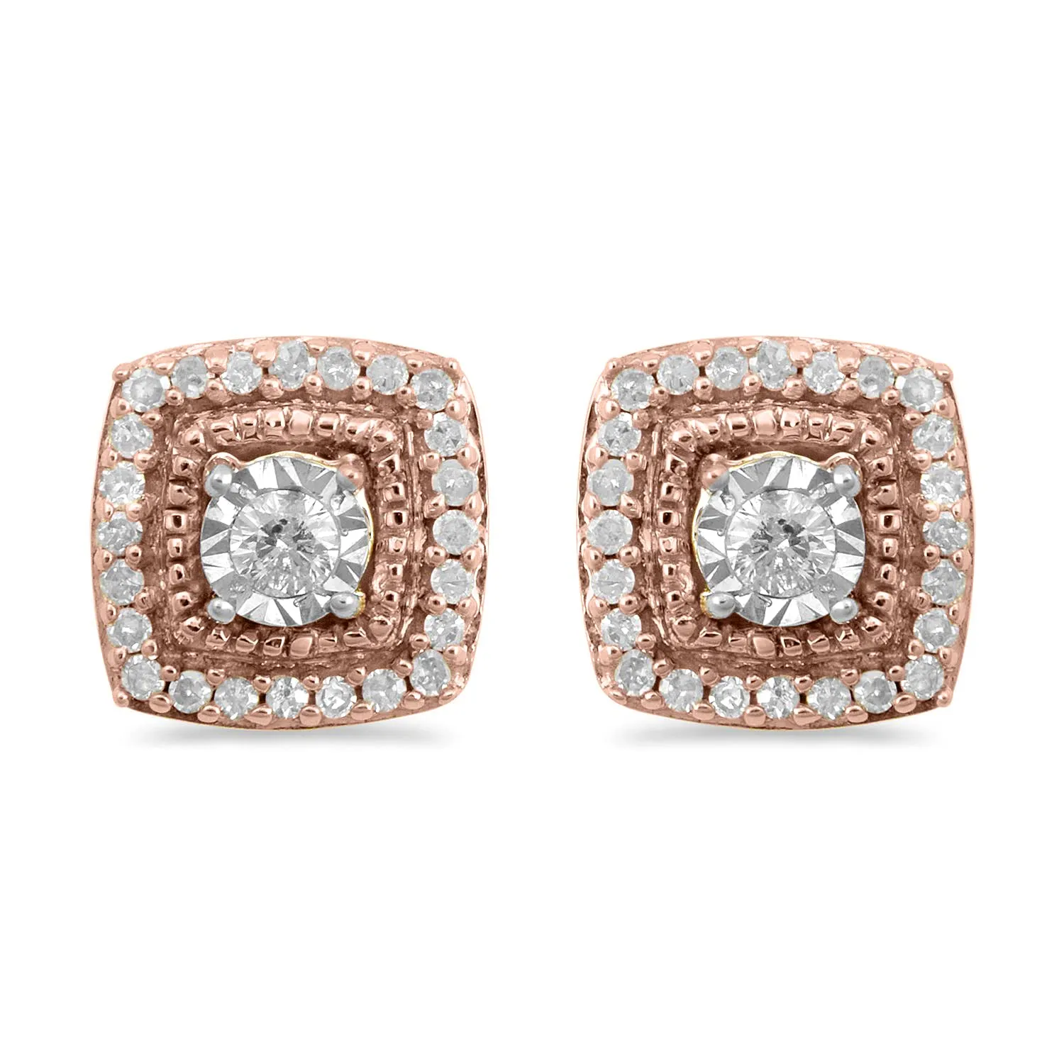 Jewelili 10K Rose Gold With 1/6 CTTW Natural White Diamond Stud Earrings