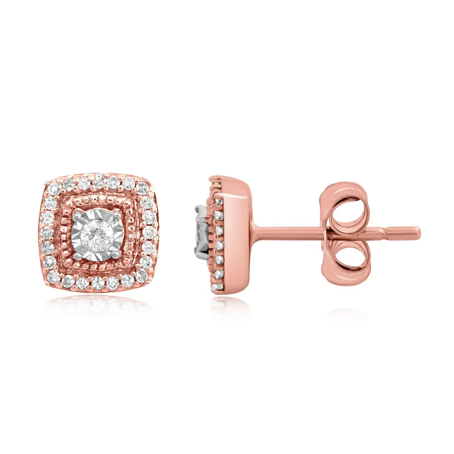 Jewelili 10K Rose Gold With 1/6 CTTW Natural White Diamond Stud Earrings