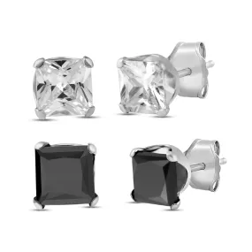 Jewelili 10K White Gold Black and White Cubic Zirconia Stud Earrings Box Set