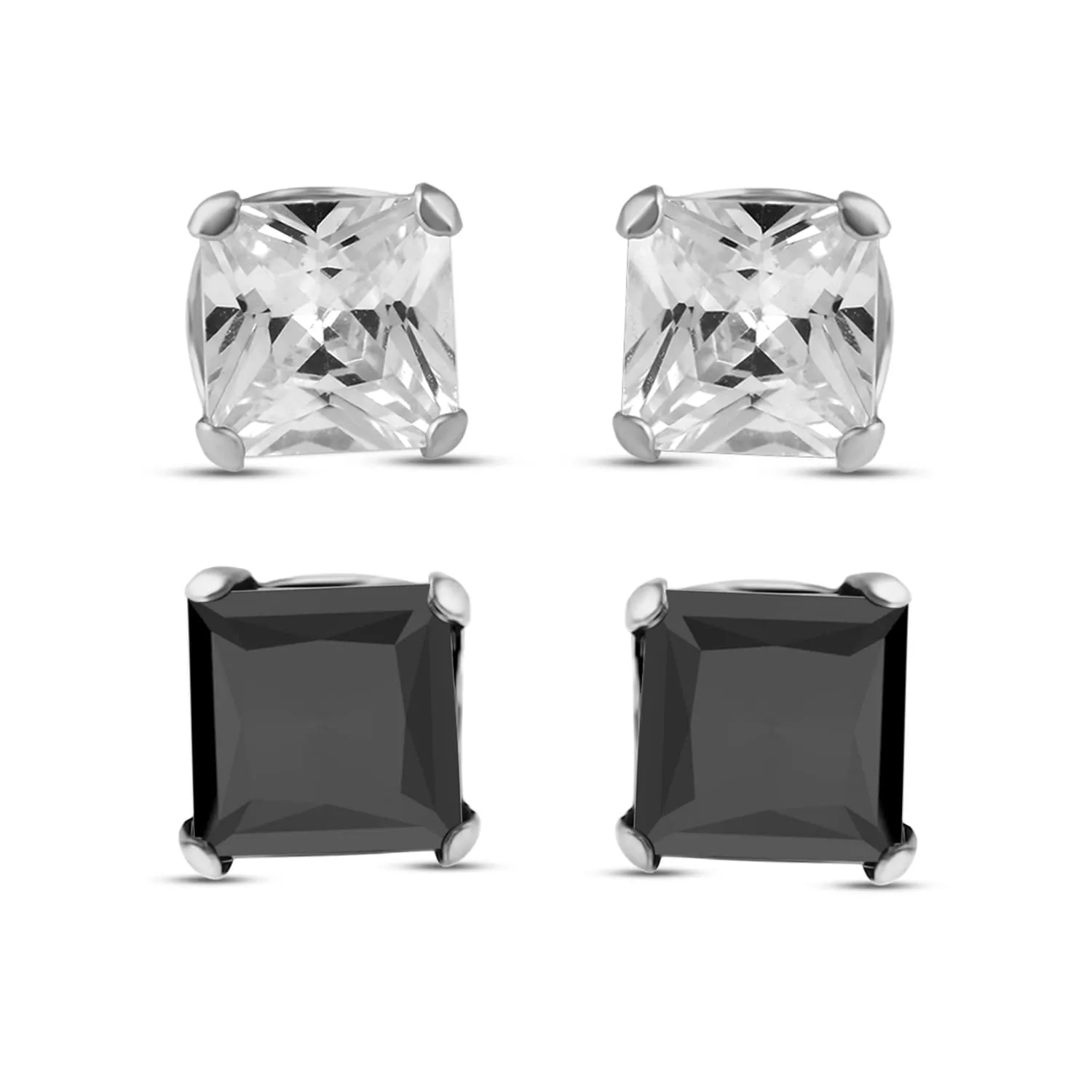 Jewelili 10K White Gold Black and White Cubic Zirconia Stud Earrings Box Set