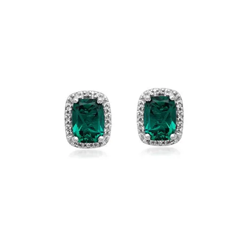 Jewelili 10K White Gold Cushion Cut Created Emerald and Diamonds Stud Earrings