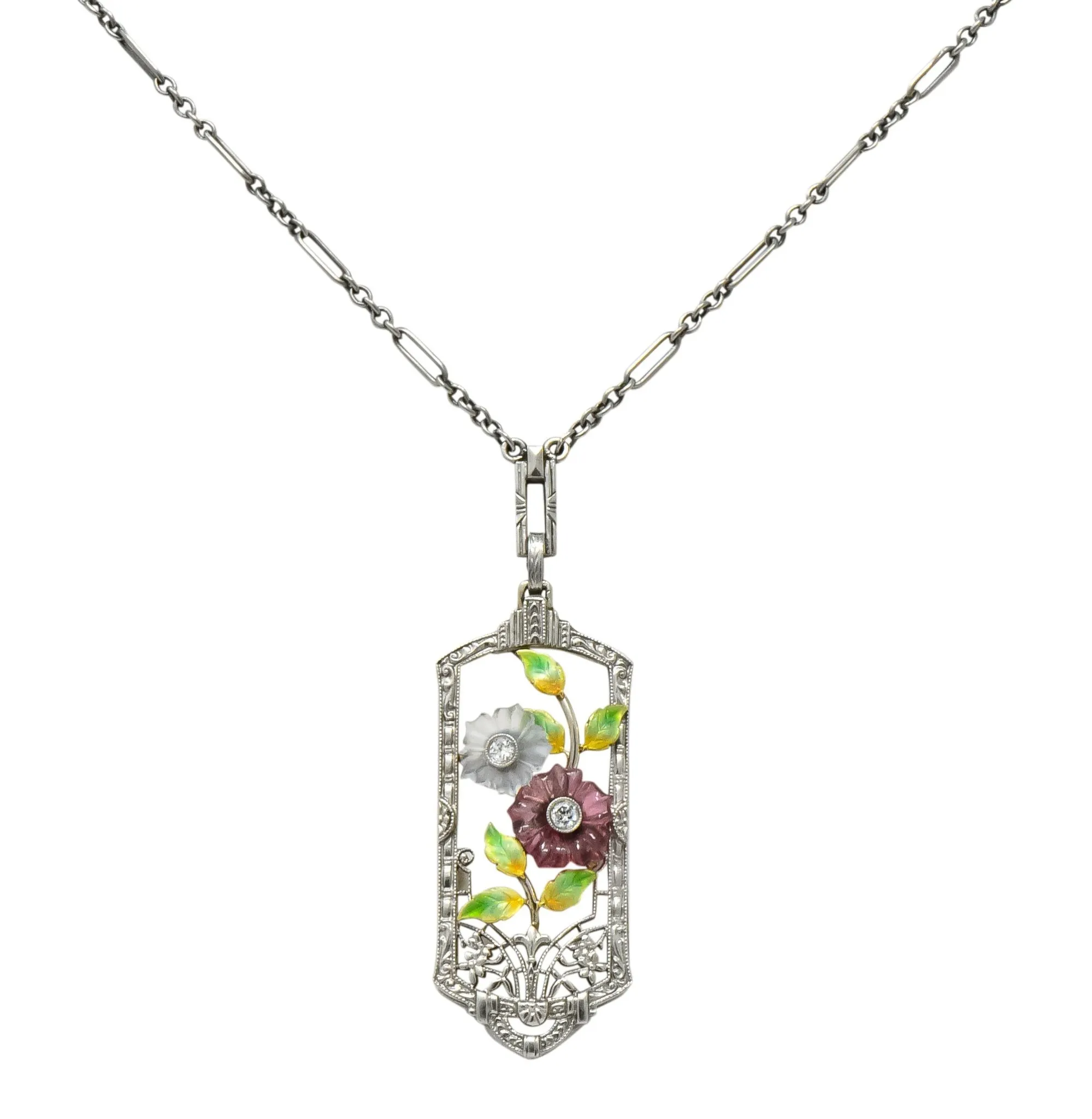 Krementz Art Nouveau Diamond Garnet Rock Crystal Enamel 14 Karat White Gold Pendant Necklace