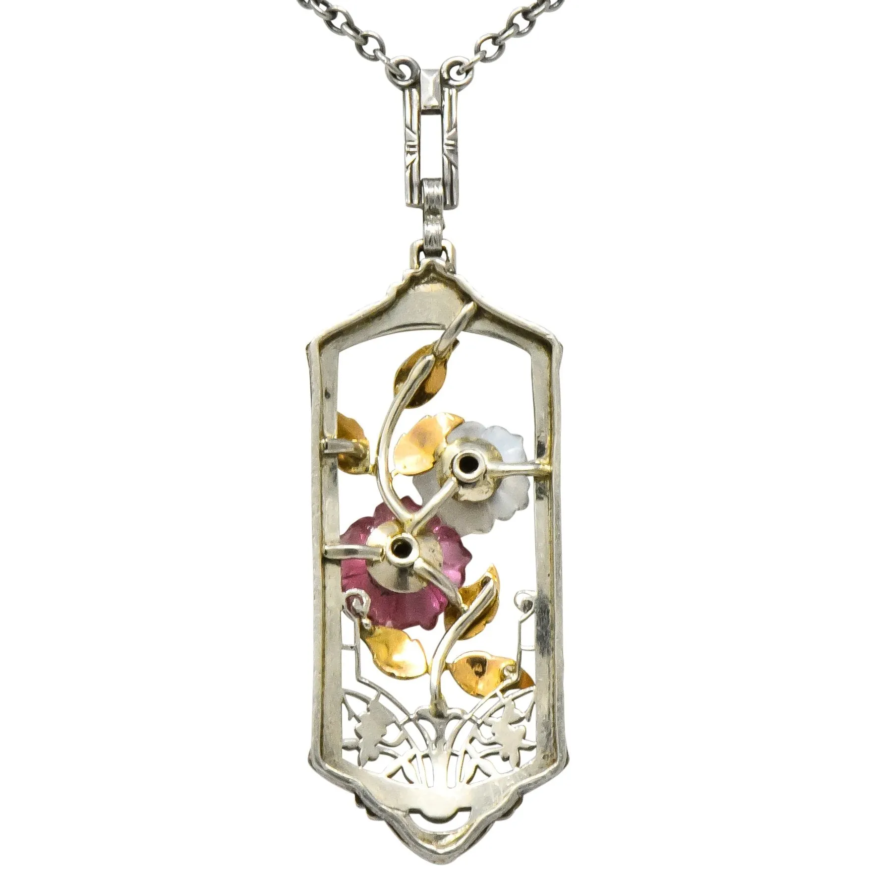 Krementz Art Nouveau Diamond Garnet Rock Crystal Enamel 14 Karat White Gold Pendant Necklace