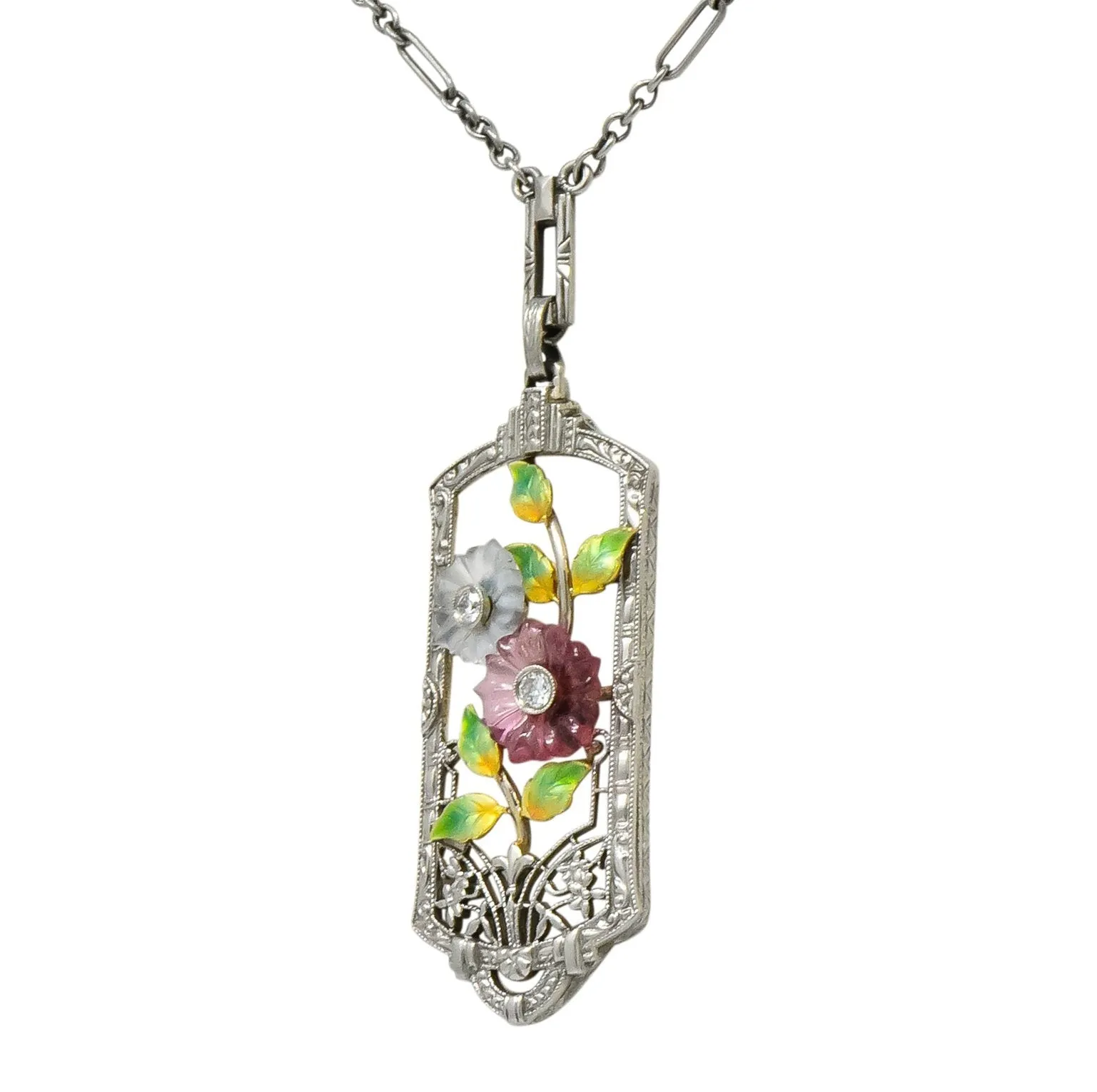 Krementz Art Nouveau Diamond Garnet Rock Crystal Enamel 14 Karat White Gold Pendant Necklace