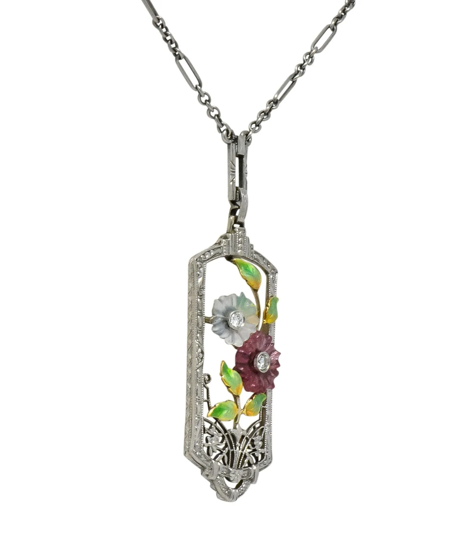 Krementz Art Nouveau Diamond Garnet Rock Crystal Enamel 14 Karat White Gold Pendant Necklace