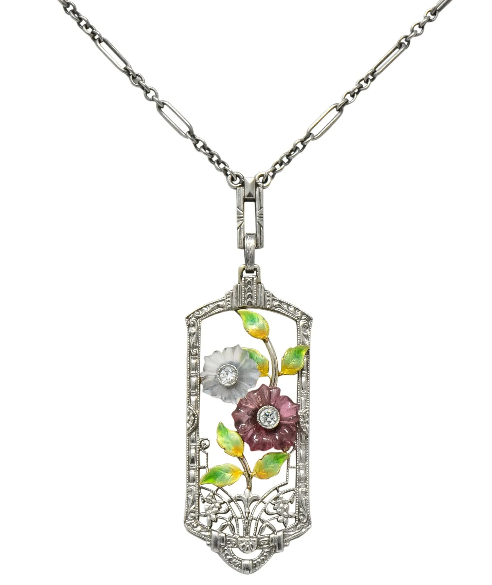 Krementz Art Nouveau Diamond Garnet Rock Crystal Enamel 14 Karat White Gold Pendant Necklace