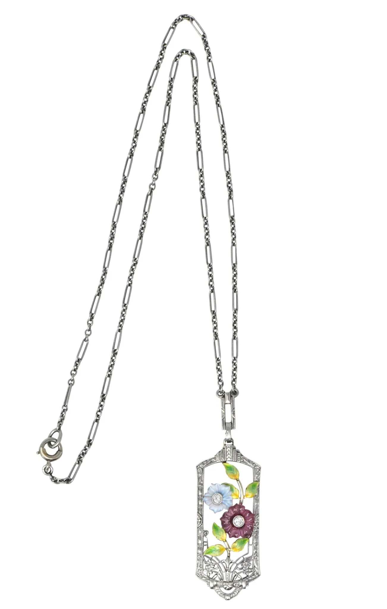 Krementz Art Nouveau Diamond Garnet Rock Crystal Enamel 14 Karat White Gold Pendant Necklace