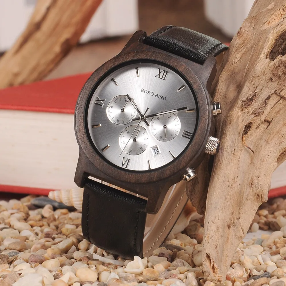 Men's Leather Strap Wooden Dial 30m Waterproof Casual Wrist Watch