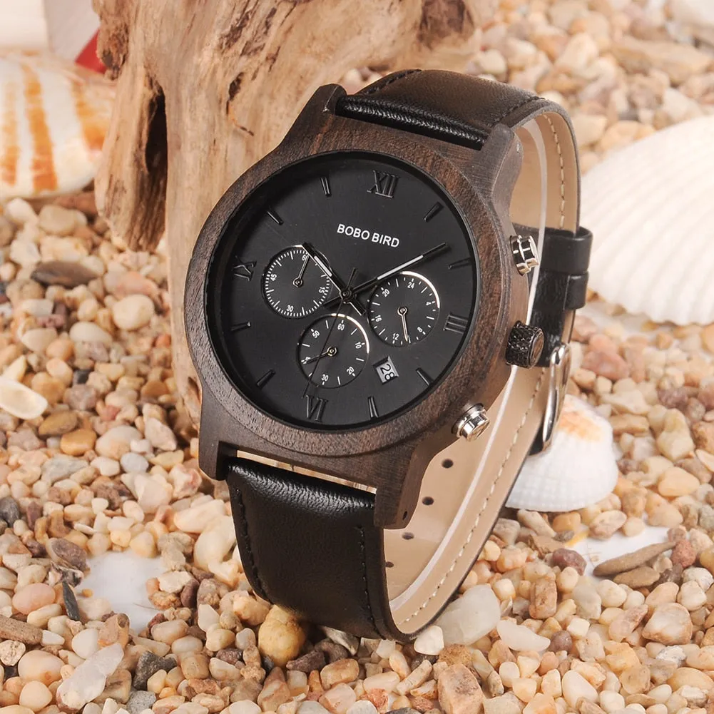 Men's Leather Strap Wooden Dial 30m Waterproof Casual Wrist Watch