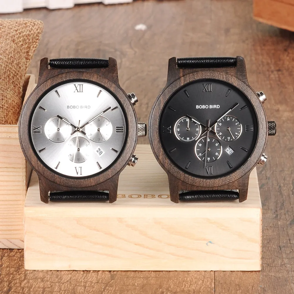 Men's Leather Strap Wooden Dial 30m Waterproof Casual Wrist Watch