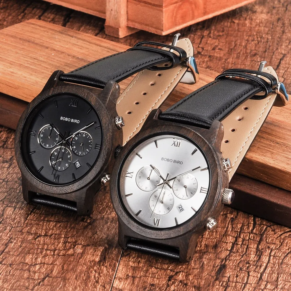 Men's Leather Strap Wooden Dial 30m Waterproof Casual Wrist Watch