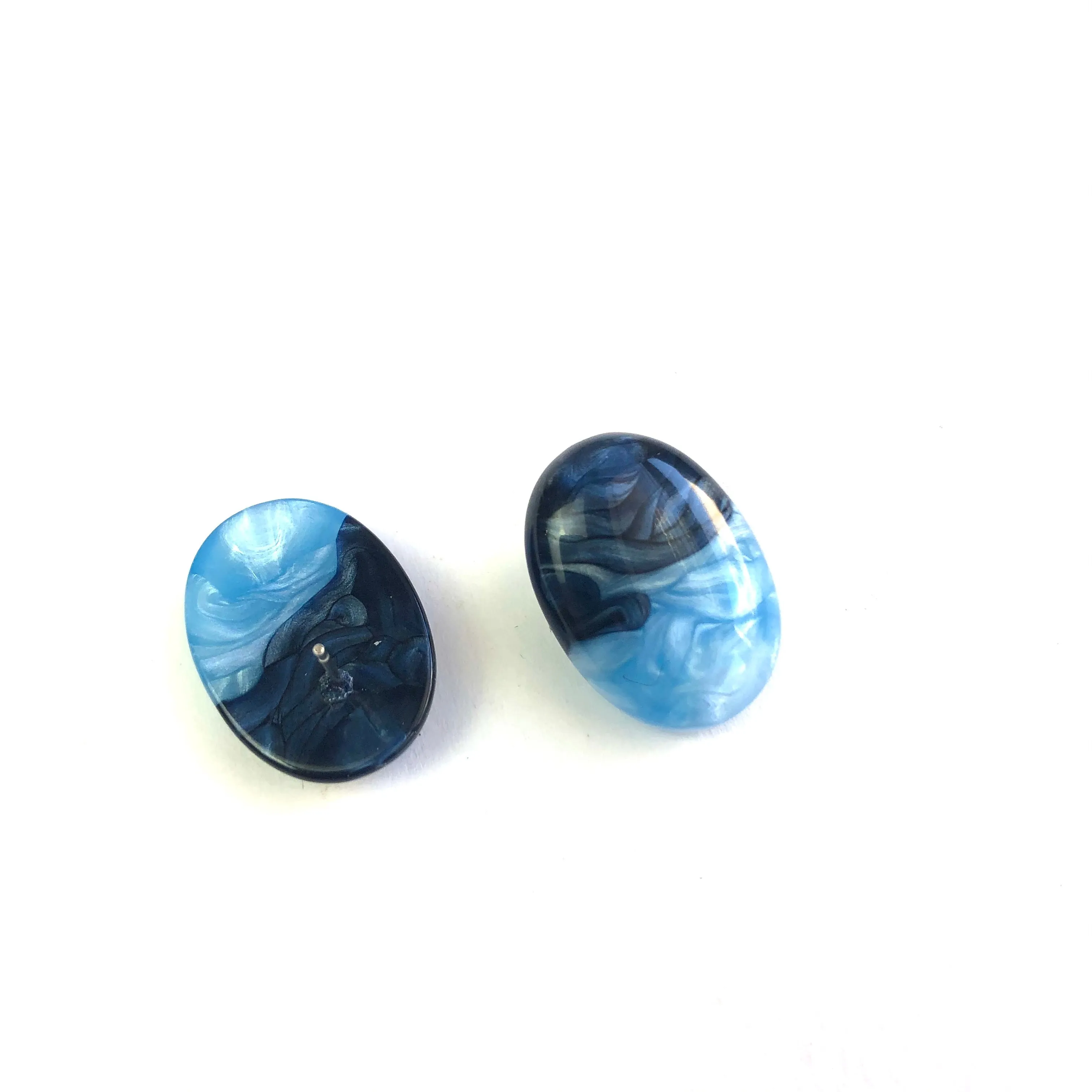 Navy & Aqua Aura Enamel Oval Button Stud Earrings