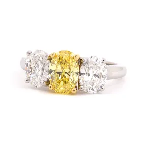 Oval Diamond 3-Stone Ring with Fancy Vivid Yellow Diamond