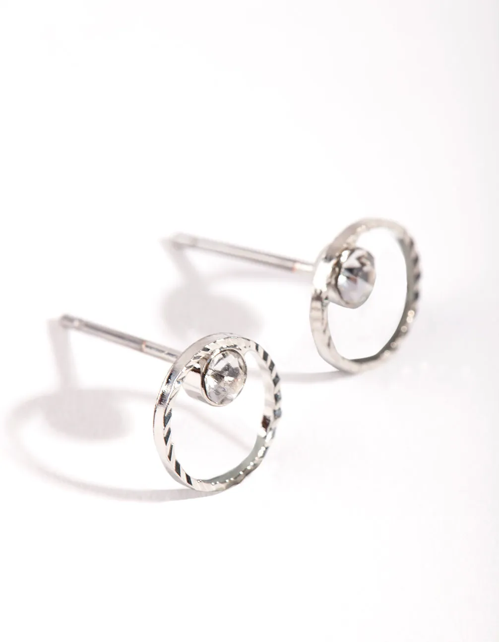 Rhodium Mini Circle Dia Stud Earrings