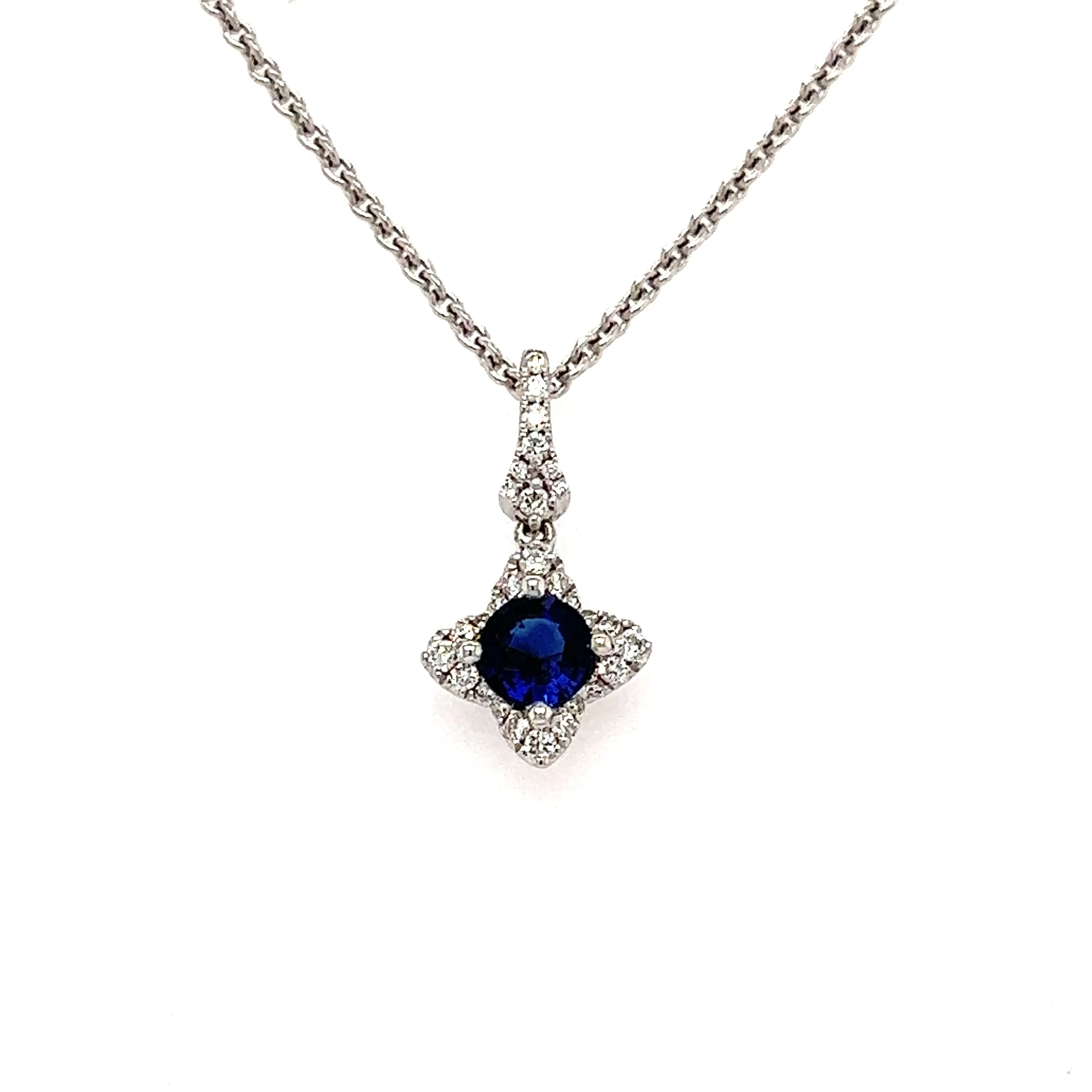 Round Sapphire Pendant with Twenty-Nine Diamonds in 18K White Gold