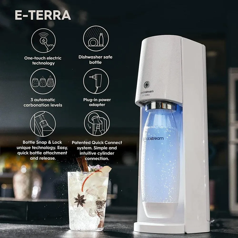 Sodastream E-Terra Starter Pack Soft Fizzy Drink Sparkling Electric Maker Soda Stream White