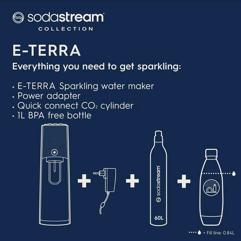 Sodastream E-Terra Starter Pack Soft Fizzy Drink Sparkling Electric Maker Soda Stream White