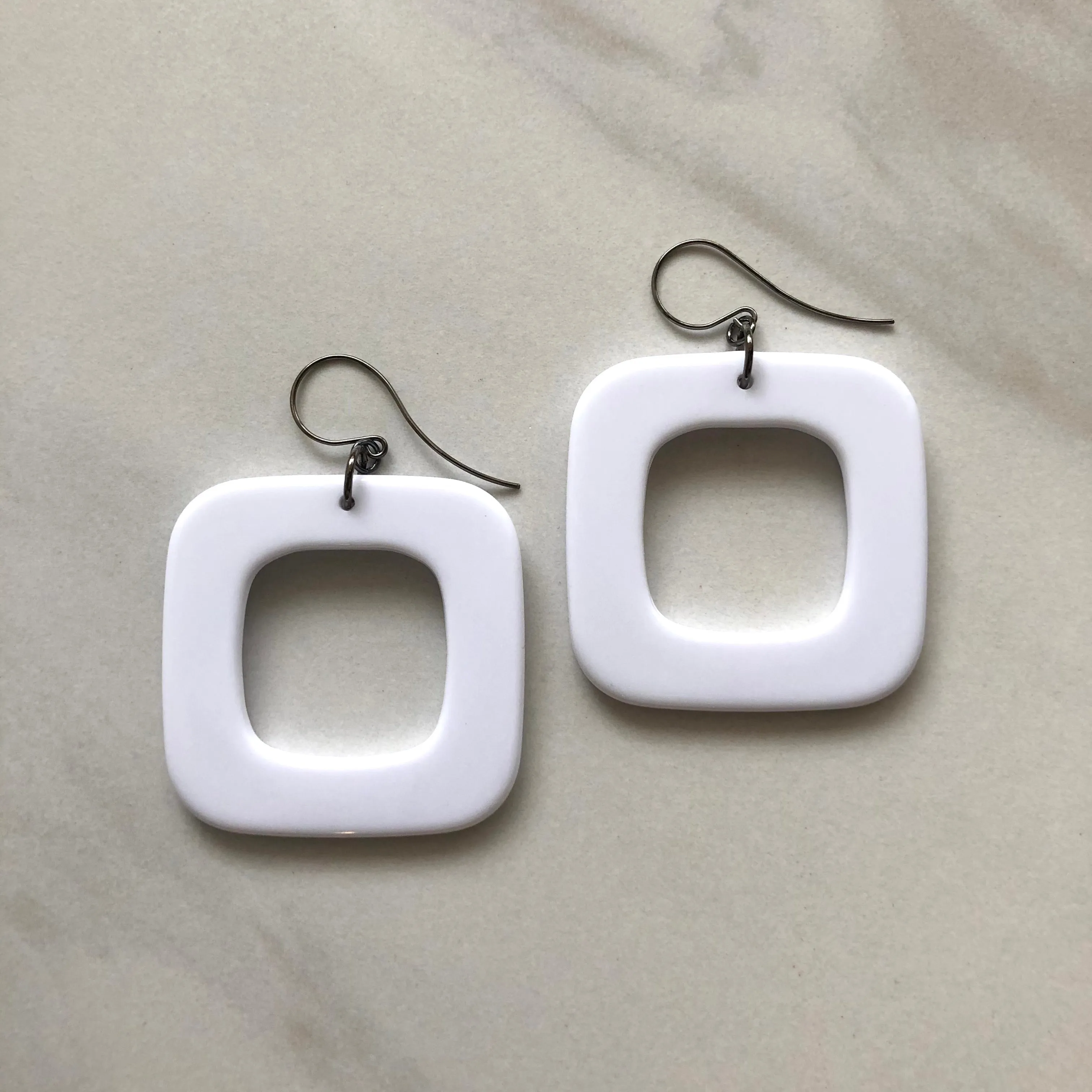 White Deco Square Donut Drop Earrings