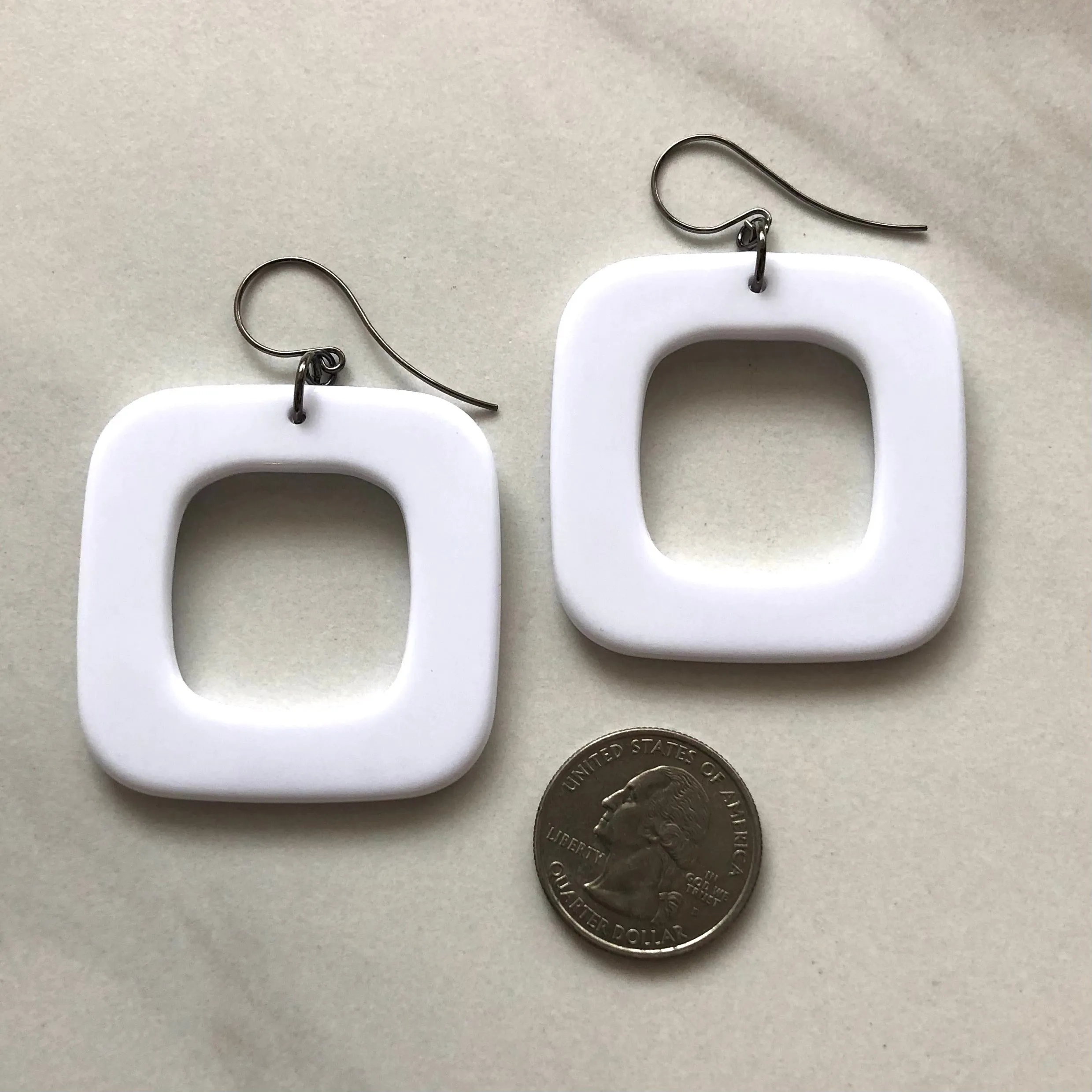 White Deco Square Donut Drop Earrings