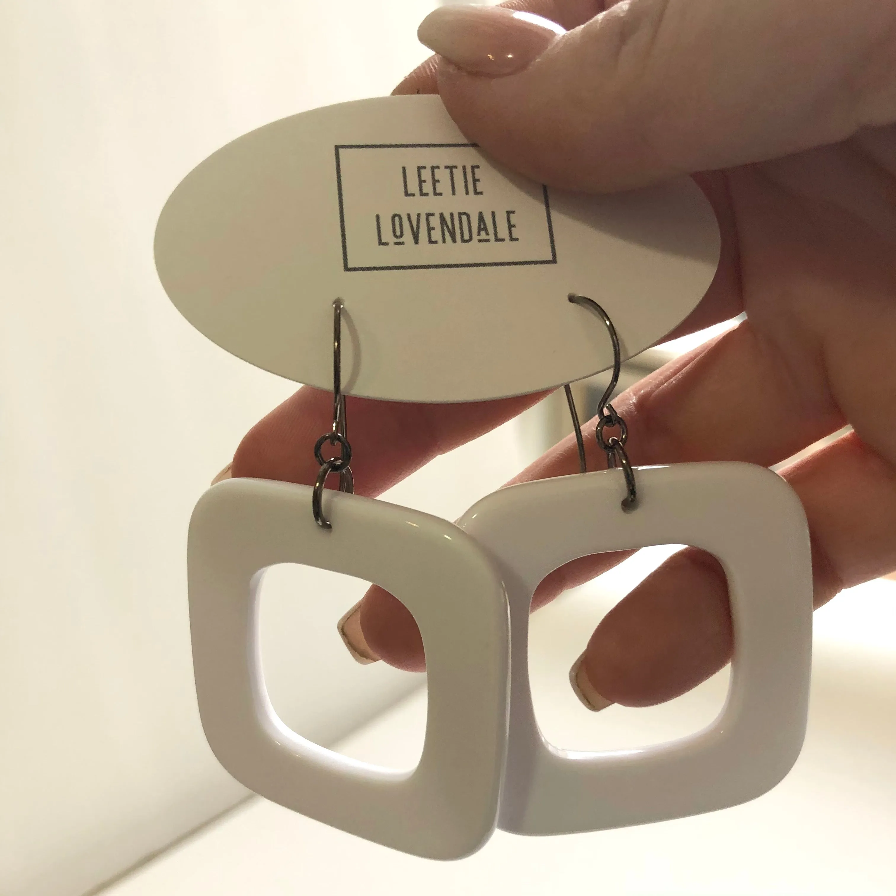 White Deco Square Donut Drop Earrings