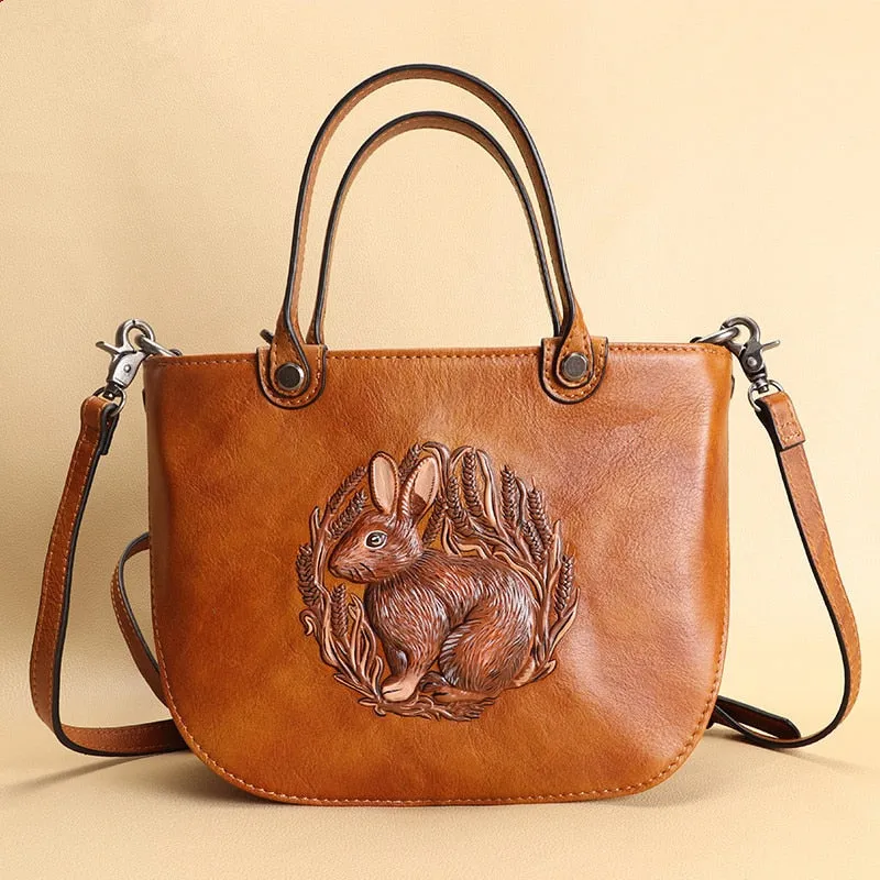 Women's Leather Embossed Rabbit Pattern Small Portable Shoulder Handbag