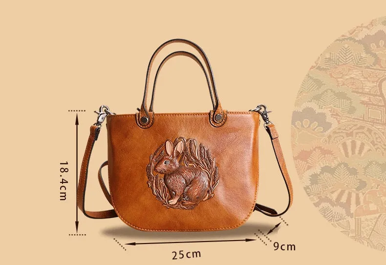 Women's Leather Embossed Rabbit Pattern Small Portable Shoulder Handbag