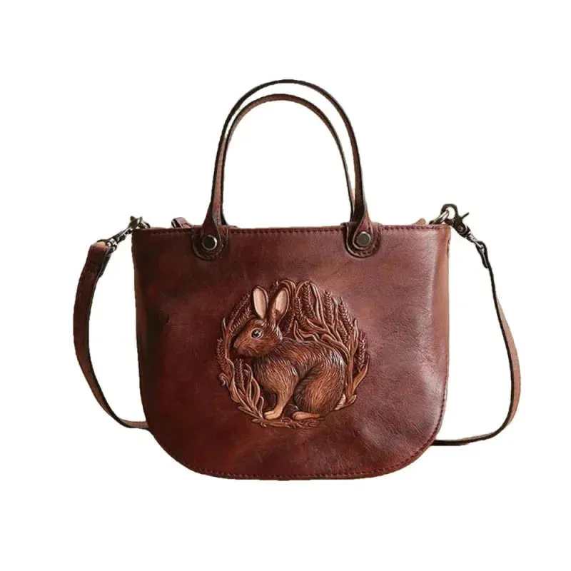 Women's Leather Embossed Rabbit Pattern Small Portable Shoulder Handbag