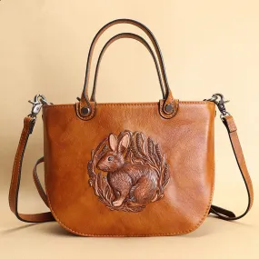 Women's Leather Embossed Rabbit Pattern Small Portable Shoulder Handbag