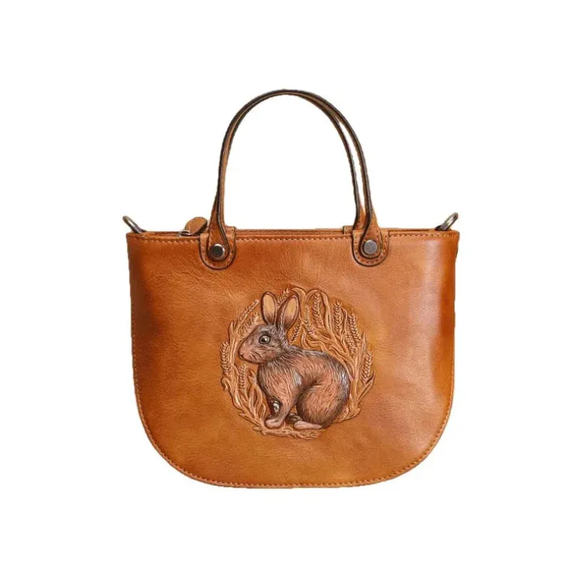 Women's Leather Embossed Rabbit Pattern Small Portable Shoulder Handbag