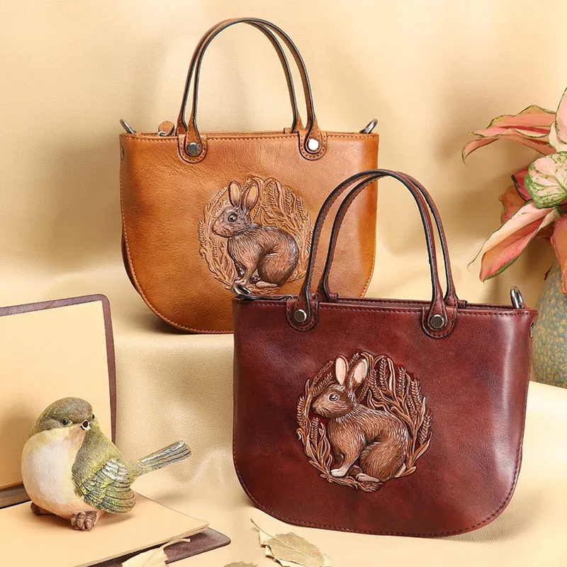 Women's Leather Embossed Rabbit Pattern Small Portable Shoulder Handbag