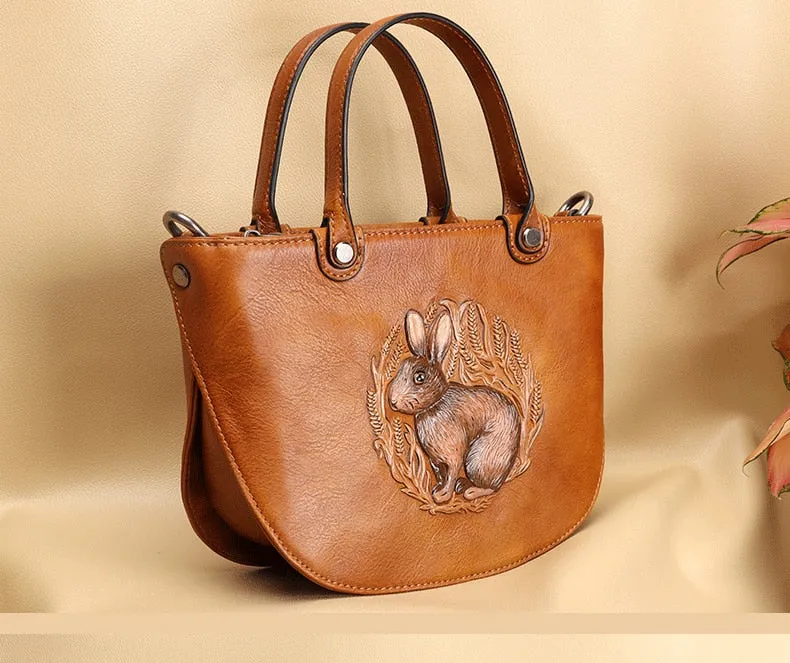 Women's Leather Embossed Rabbit Pattern Small Portable Shoulder Handbag