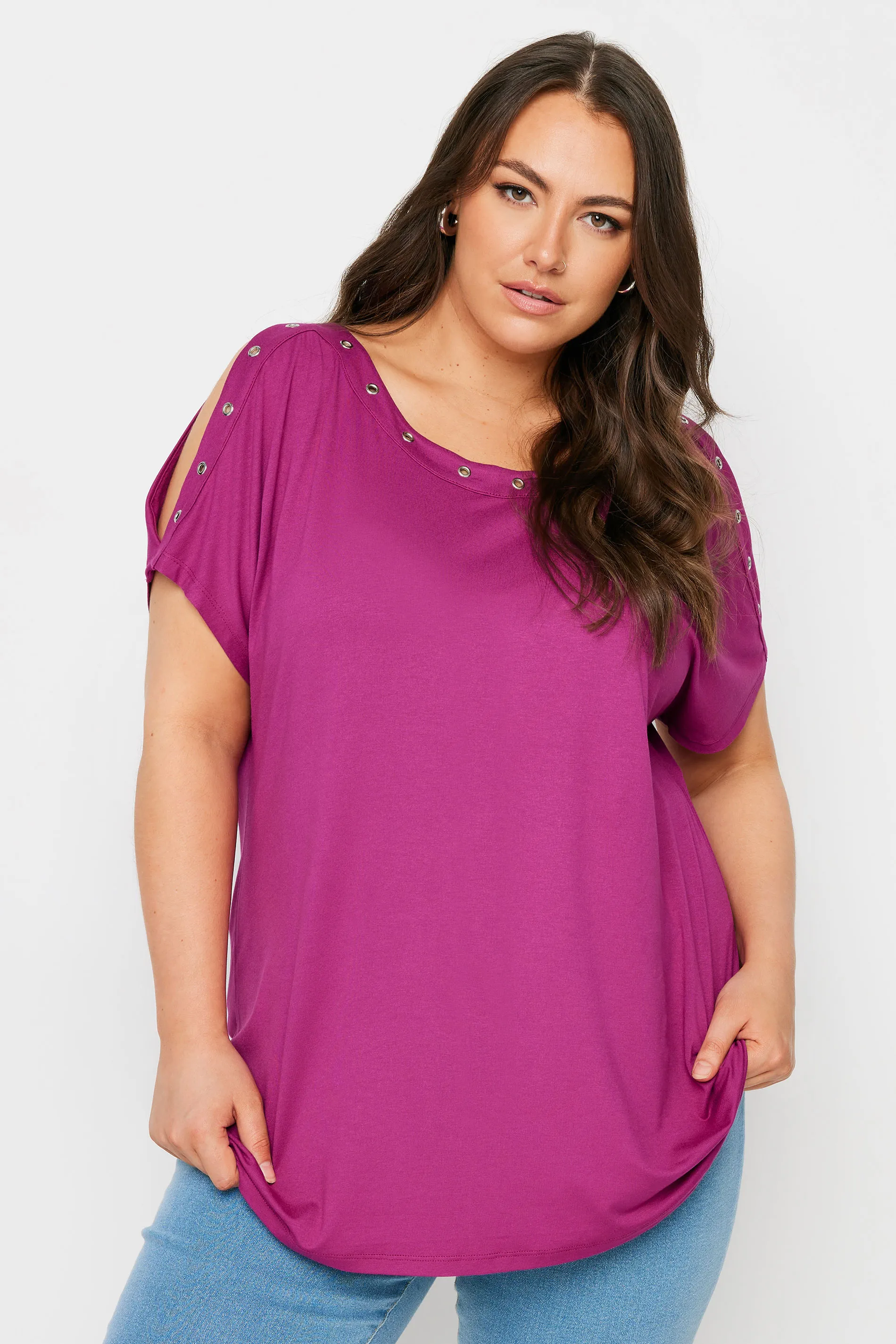 YOURS Curve Pink Eyelet Detail Cold Shoulder Top