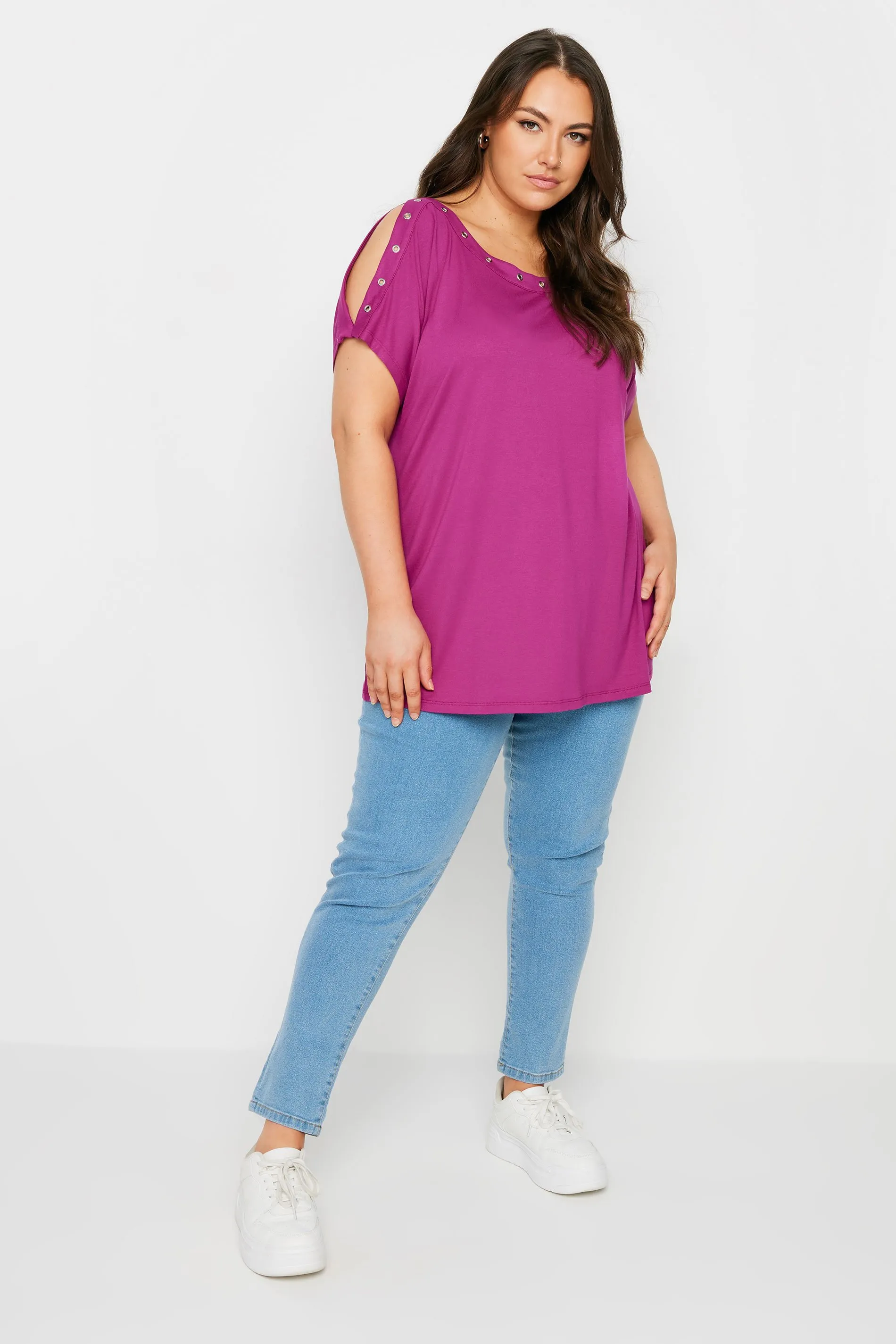 YOURS Curve Pink Eyelet Detail Cold Shoulder Top