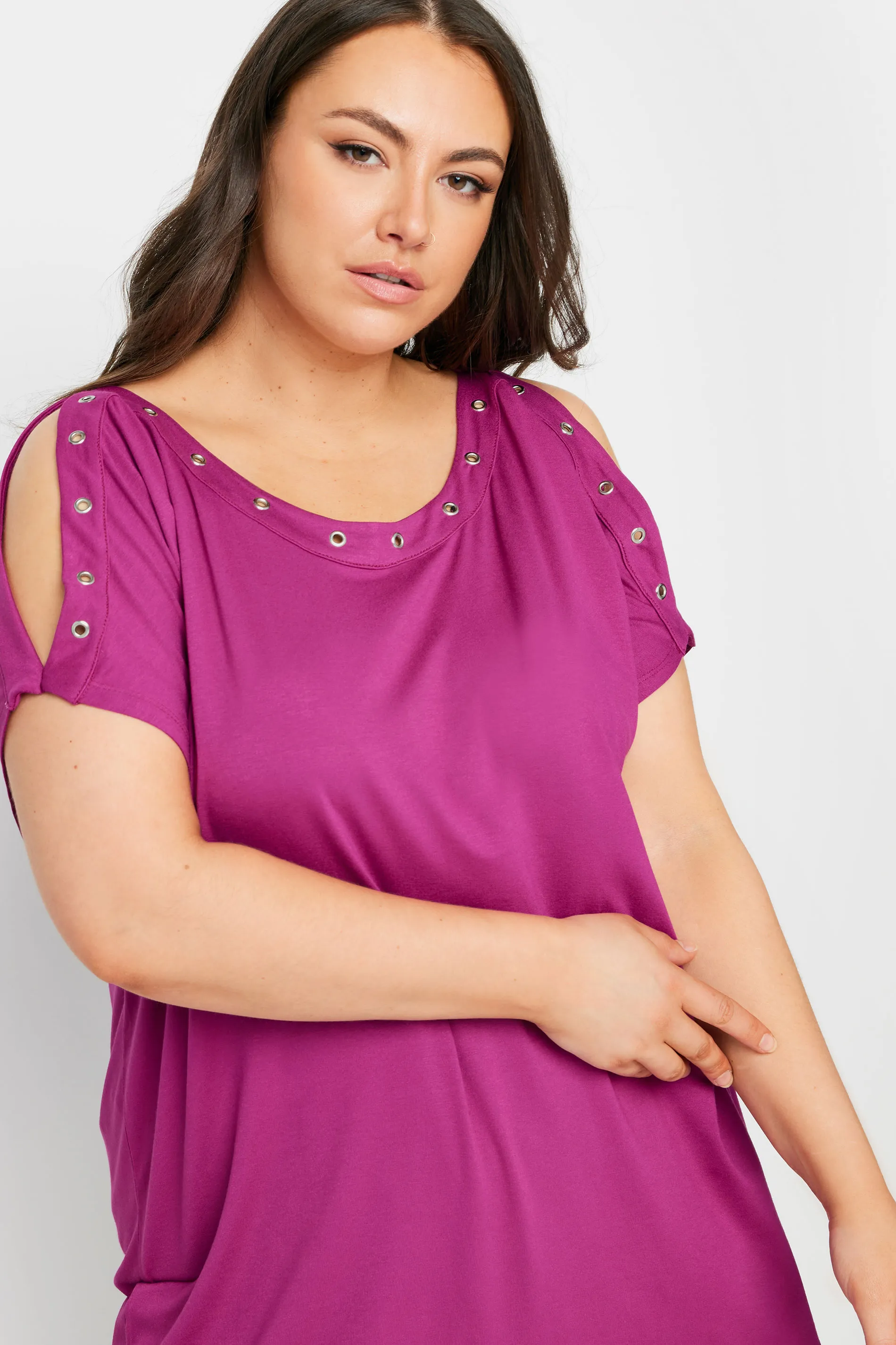 YOURS Curve Pink Eyelet Detail Cold Shoulder Top